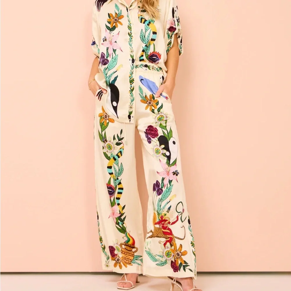 Zimmermann Floral & Animal Print Cream Wide-Leg Two-piece set - Picture 4 of 4